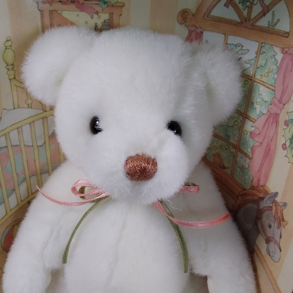 Baby Gund Christmas Collectibles 1993 Teddy Bear White Plush With Ribbon Bow NOS - Picture 10 of 12